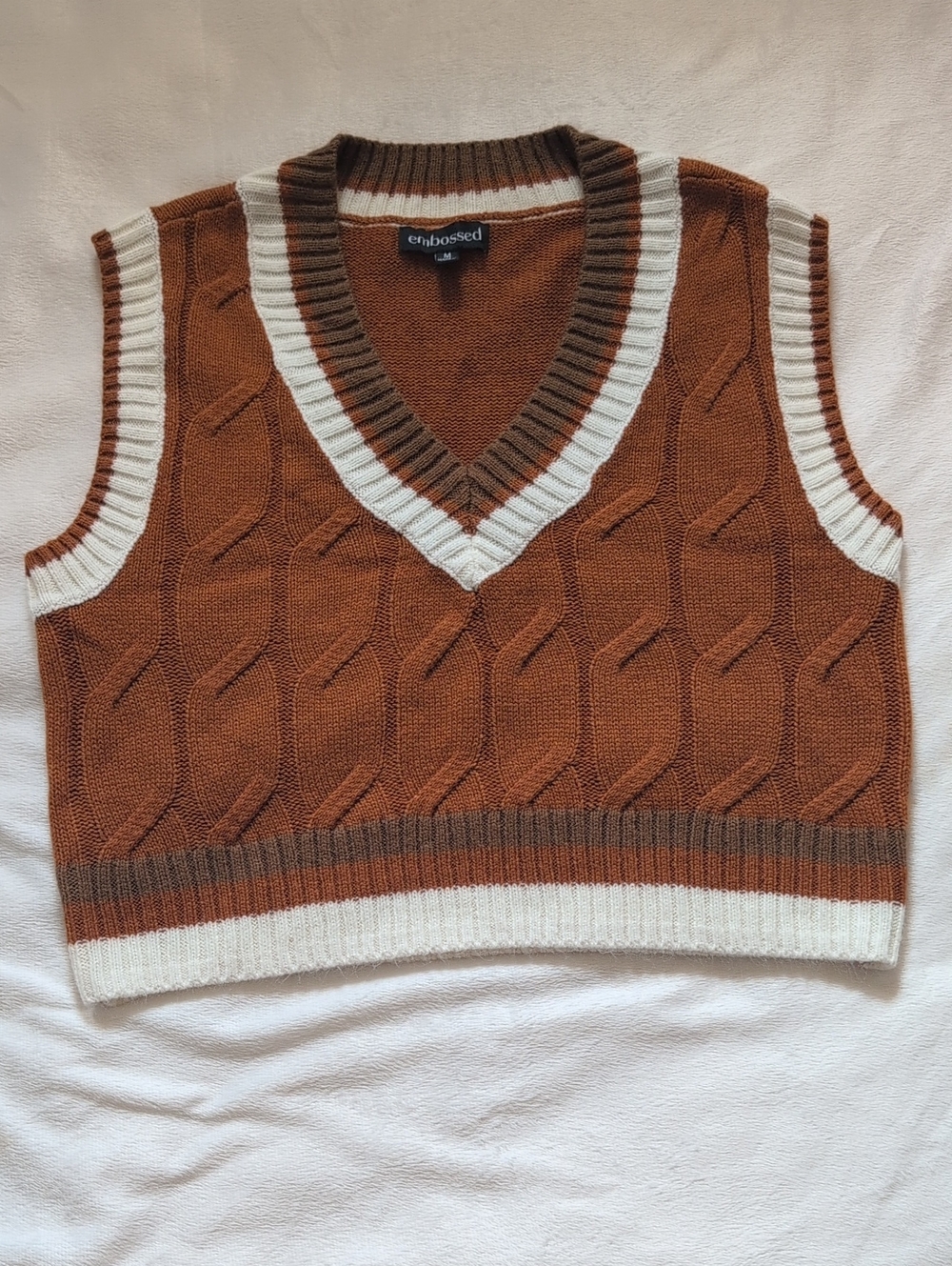 Embossed Cable Knit Cropped Sweater Vest Knit Varsity Sweater Vest Rust Size: M